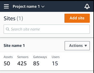 Project interface showing site name, counts for assets, sensors, gateways, and users.