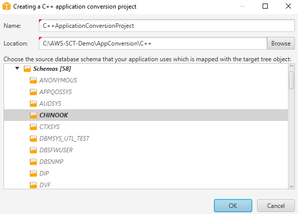 Kotak dialog proyek konversi aplikasi C++ yang baru