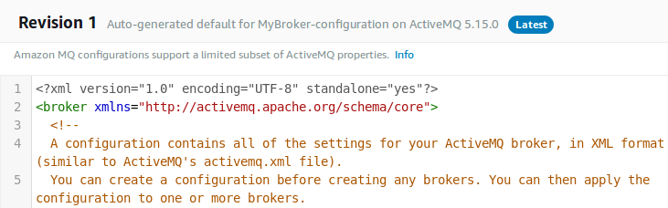 XML configuration snippet for ActiveMQ broker with explanatory comment.