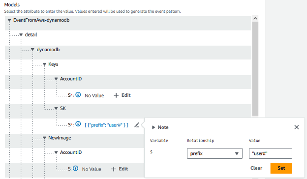 Gambar yang menunjukkan EventBridge aturan di mana hanya item DynamoDB yang memiliki kunci pengurutan yang dimulai dengan “user#” yang ditampilkan.