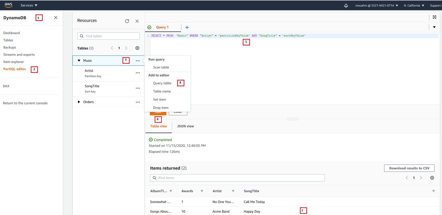 Antarmuka editor PartiQL yang menunjukkan hasil menjalankan operasi Query pada tabel Musik.