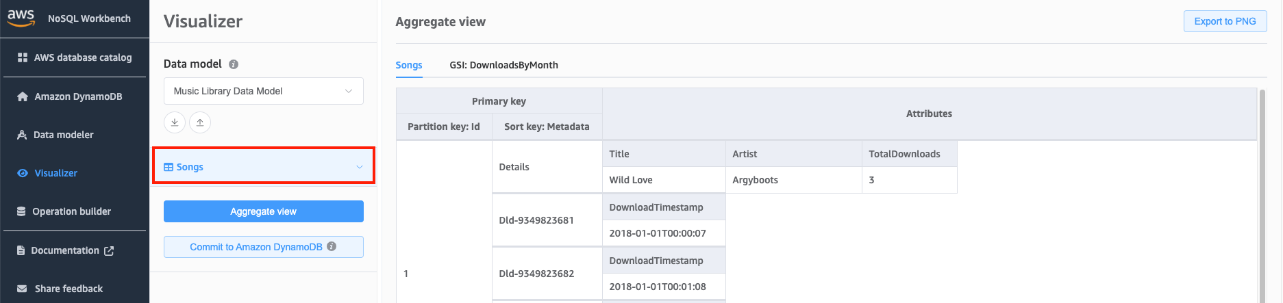 Tangkapan layar konsol yang menampilkan data agregat dan tabel Lagu yang diperluas.