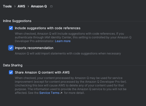 Opsi untuk berbagi data Amazon Q di VS Code.