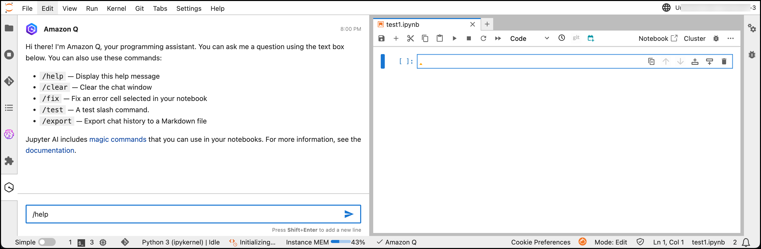 Amazon Q interface in JupyterLab showing available commands and a help message.