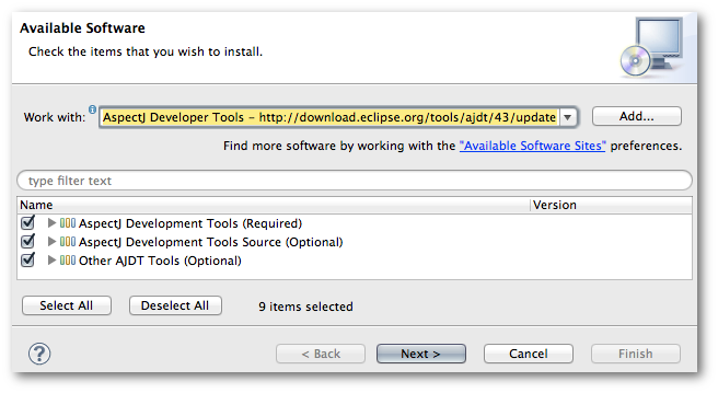 Software installation window showing AspectJ Developer Tools options with 9 items selected.