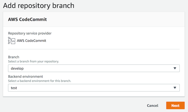 Tangkapan layar halaman cabang Amplify console Add repositori, menunjukkan tempat memilih lingkungan backend yang akan diterapkan dengan cabang.