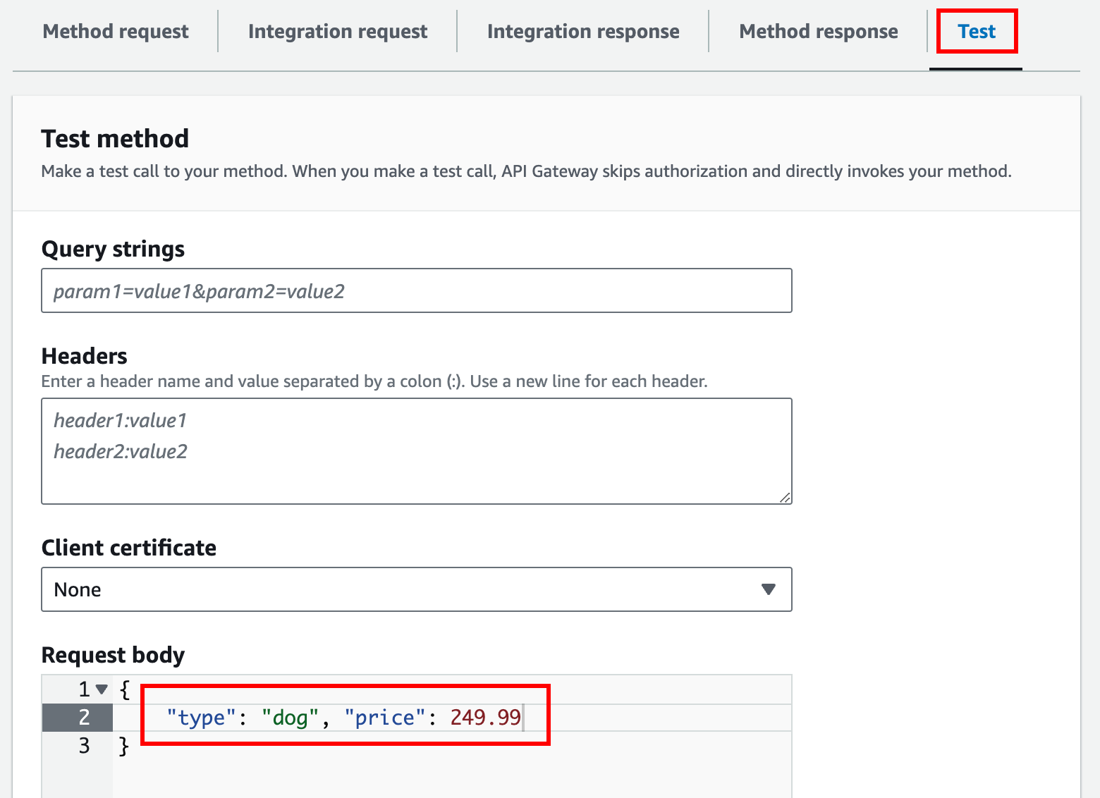 Uji metode POST di konsol API Gateway.