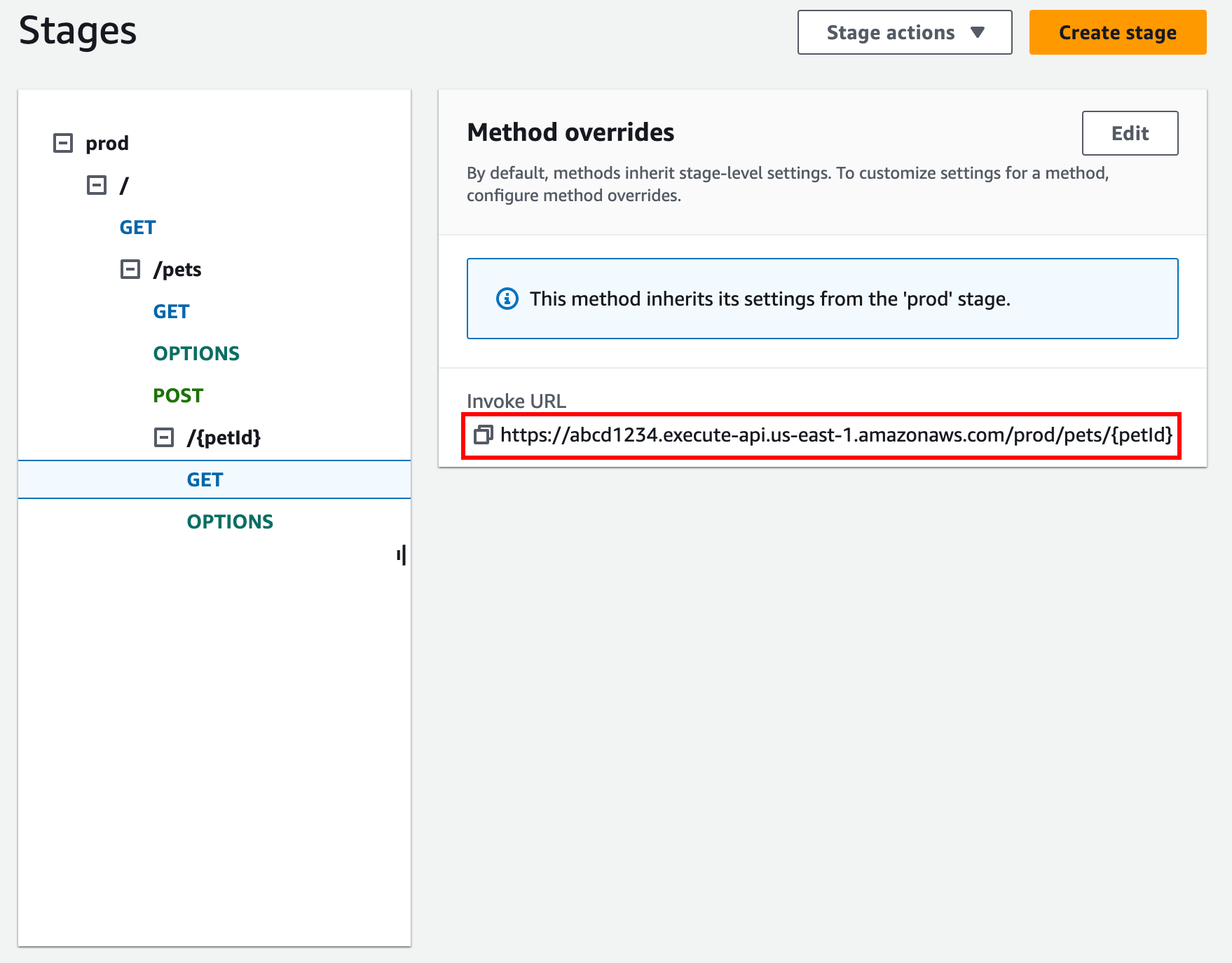 URL tingkat sumber daya untuk REST API Anda berada di bawah panel navigasi sekunder panggung.