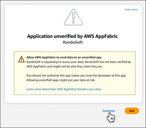 Warning message for an unverified application in AWS AppFabric, requesting data access.