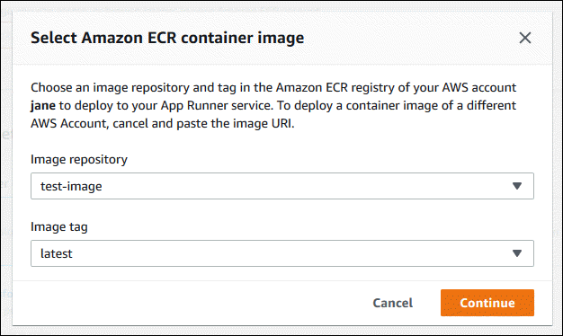 Memilih image Amazon ECR saat membuat layanan App Runner