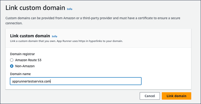 Halaman domain khusus Tautkan, menampilkan non-Amazon sebagai penyedia domain yang dipilih.