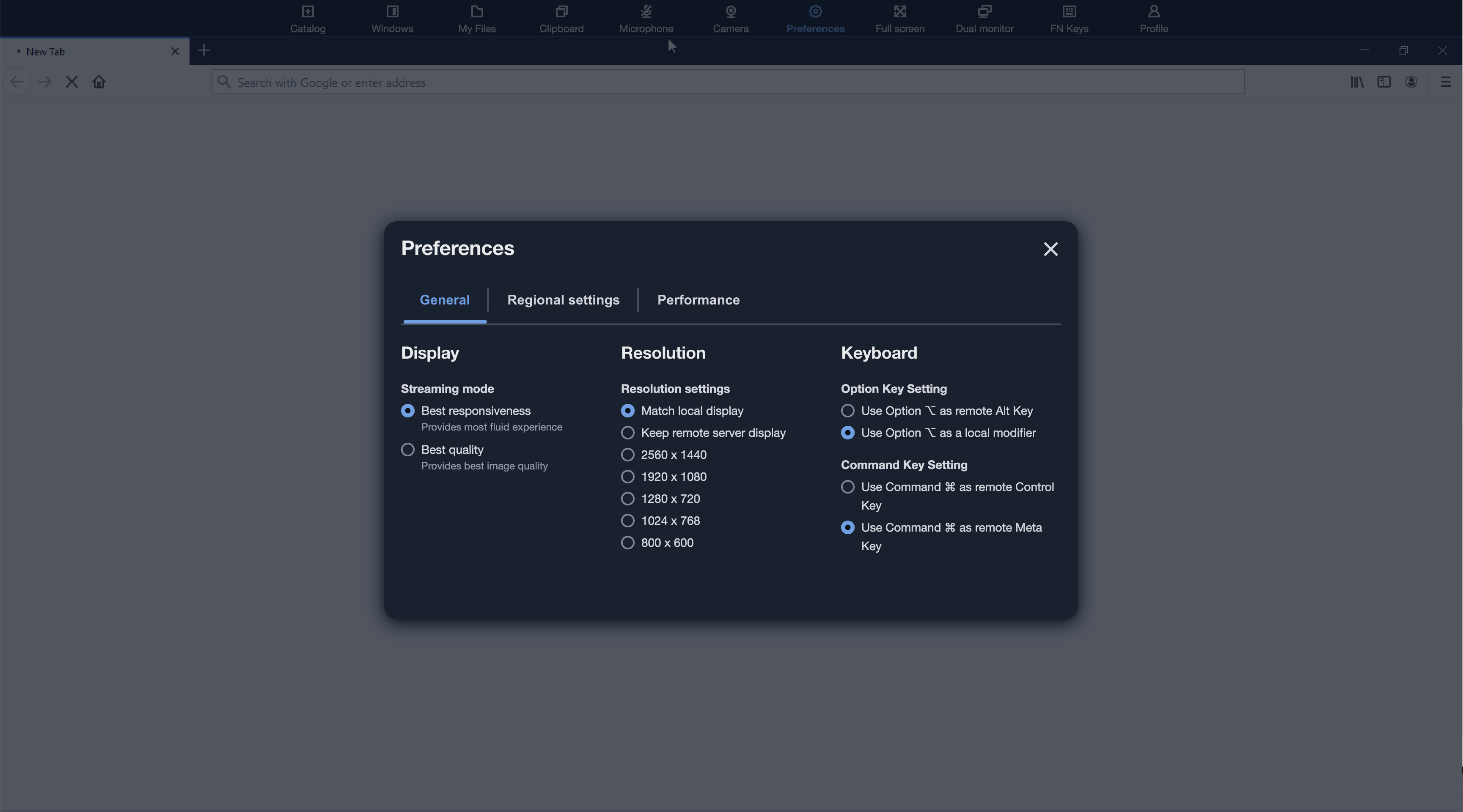 Preferences window showing display, resolution, and keyboard settings options.