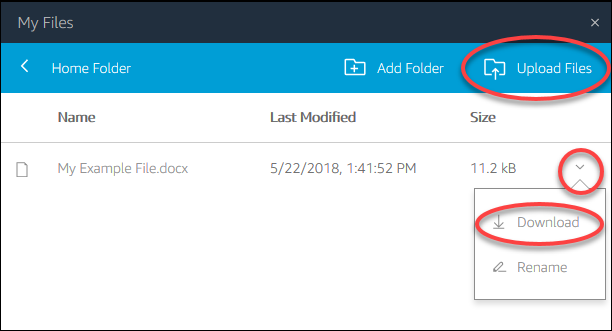 File management interface showing options to upload files and download a selected document.