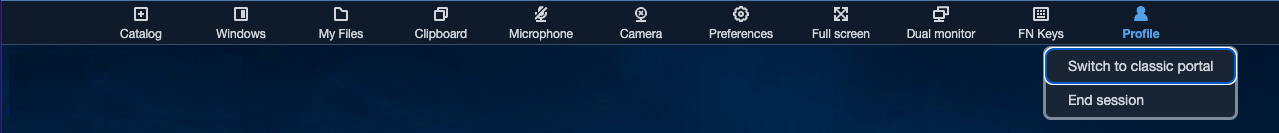 Profile menu dropdown showing options to switch to classic portal or end session.