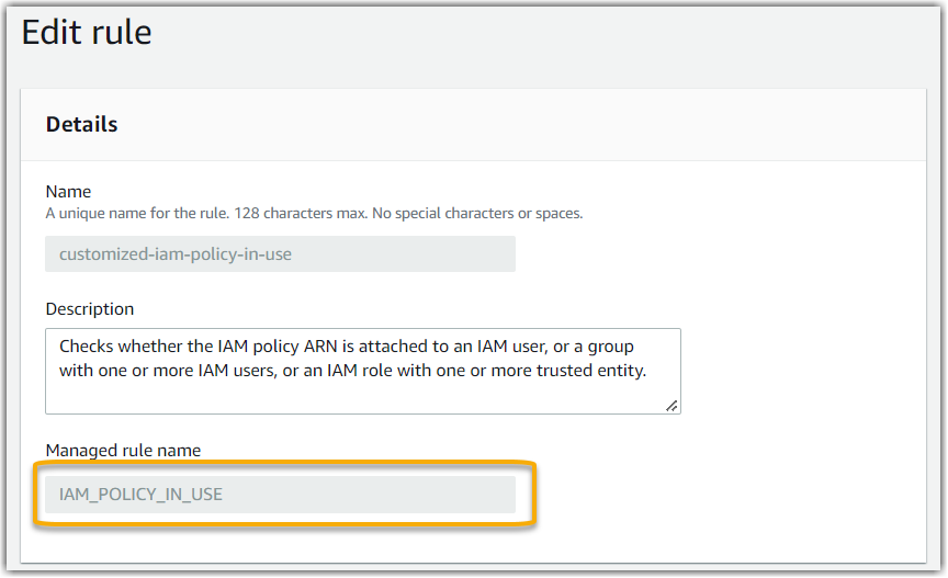 Rincian aturan terkelola di AWS Config konsol.