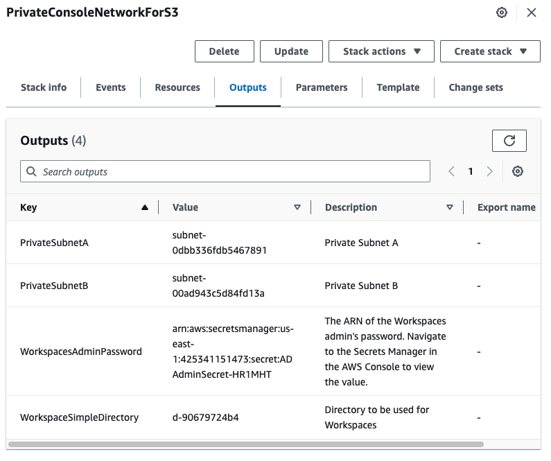 Subnet pribadi dan Workspace Simple Directory dan nilai yang sesuai.