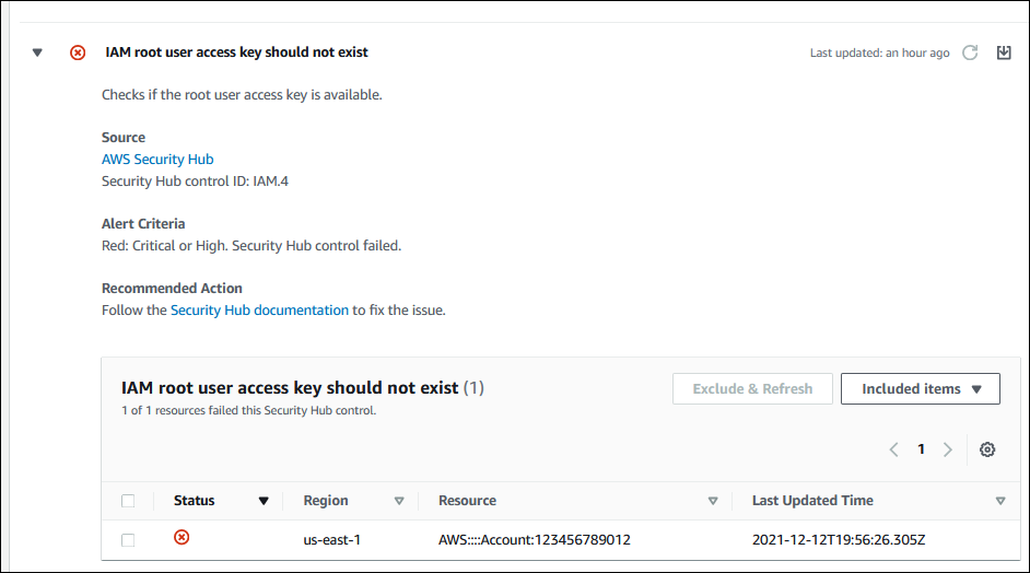 Screenshot kontrol Security Hub untuk masalah akses IAM root.