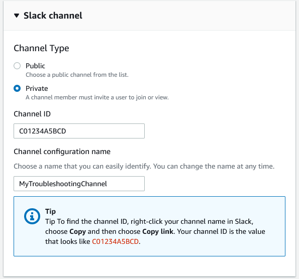 Saluran Slack publik dan pribadi untuk konfigurasi saluran Slack Anda.