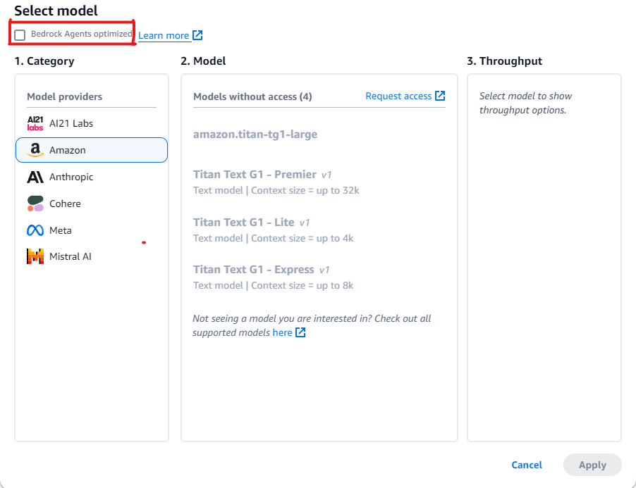 Anda dapat membuat agen dengan model pondasi apa pun. Saat ini, beberapa model yang ditawarkan dioptimalkan dengan petunjuk/parser yang disetel dengan baik untuk diintegrasikan dengan arsitektur agen. Seiring waktu, kami berencana untuk menawarkan pengoptimalan untuk semua model yang ditawarkan.