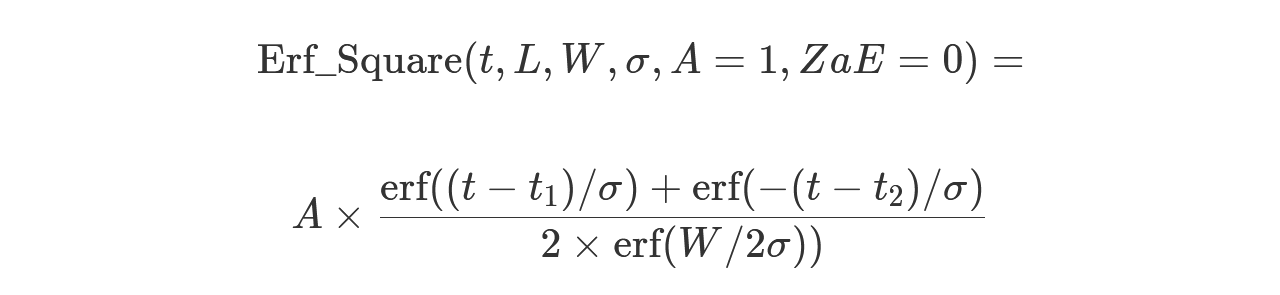 Persamaan matematika untuk distribusi Erf Square dengan parameter t, Panjang, Lebar, sigma, A=1, dan ZAE=0.