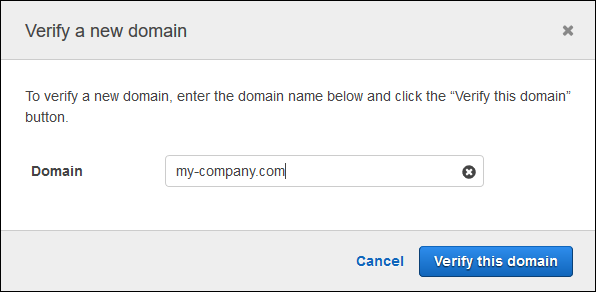 Kotak dialog Verifikasi domain baru di konsol Amazon Chime