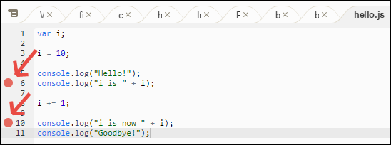 Menambahkan breakpoints ke kode di jendela Debugger