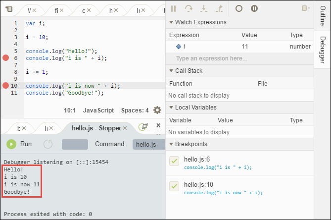 tab hello.js dengan keluaran debug