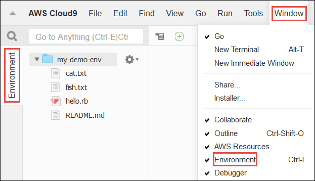 Jendela Lingkungan di AWS Cloud9 IDE