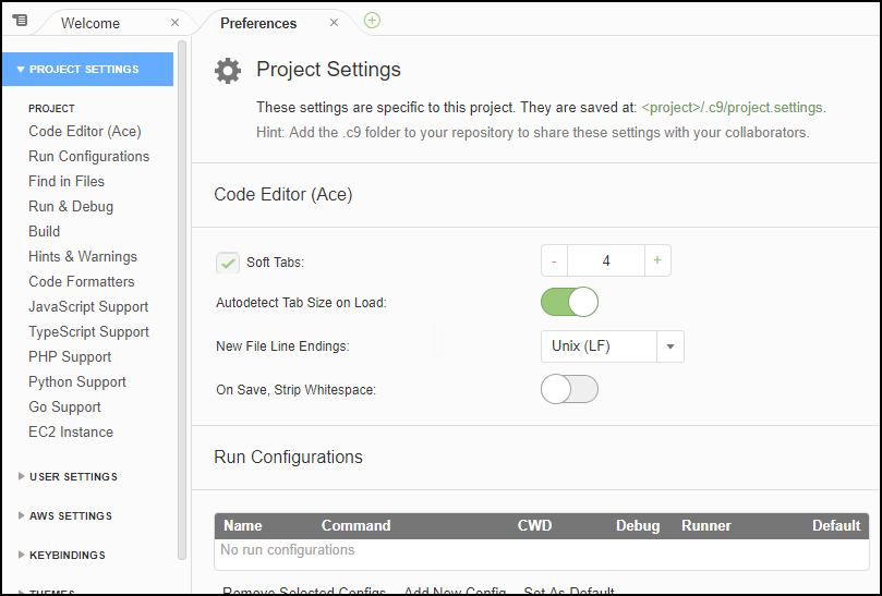 Menampilkan preferensi di AWS Cloud9 IDE