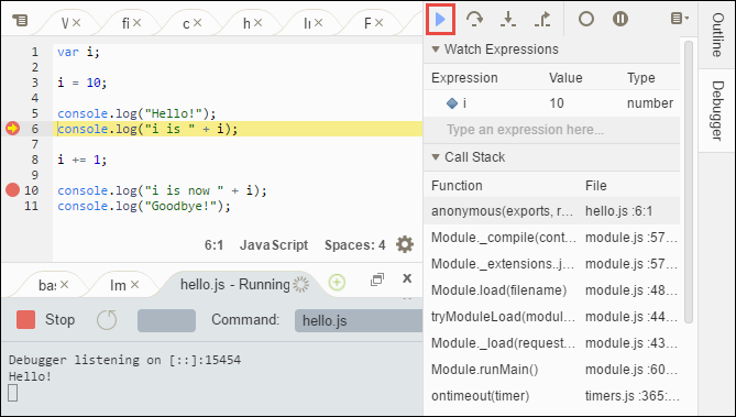 Melanjutkan debugging di jendela Debugger