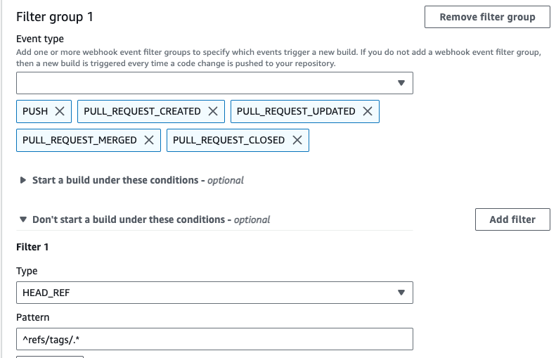 Grup filter webhook yang memicu build untuk semua permintaan kecuali peristiwa tag.