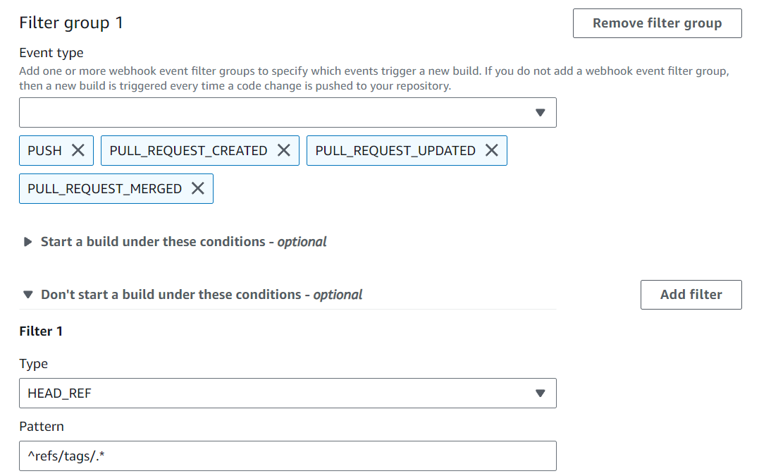 Grup filter webhook yang memicu build untuk semua permintaan kecuali peristiwa tag.