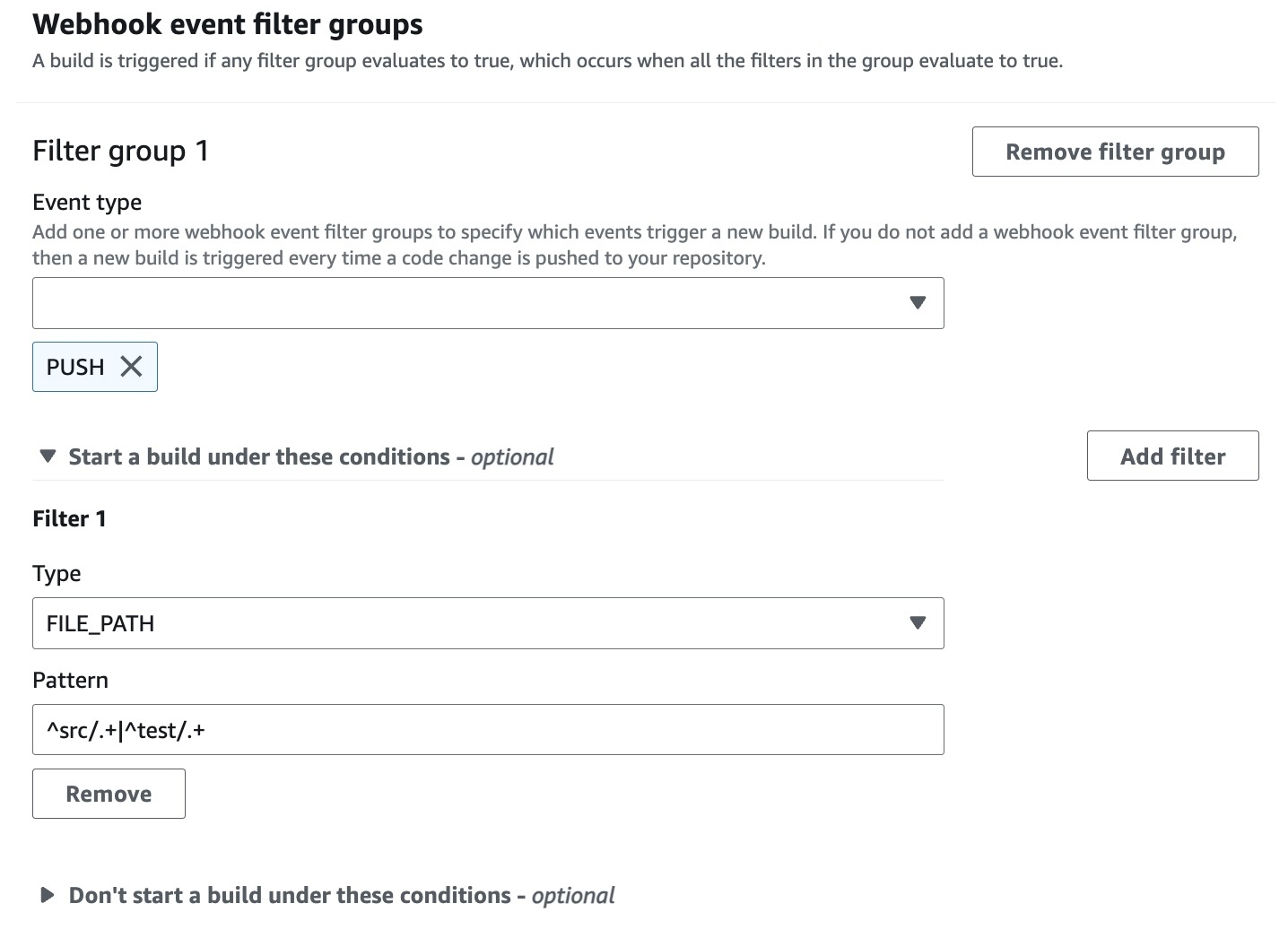 Grup filter webhook yang memicu build hanya jika file diubah dalam folder tertentu.