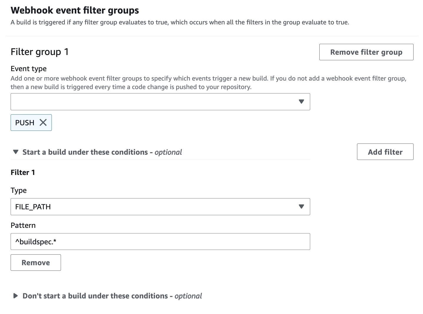 Grup filter webhook yang memicu build hanya jika file dengan nama yang cocok dengan ekspresi reguler yang ditentukan.