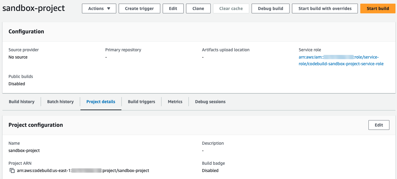 Halaman detail proyek pembuatan debug di konsol.