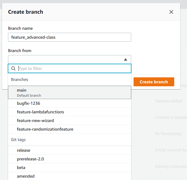 Membuat cabang di CodeCommit konsol.