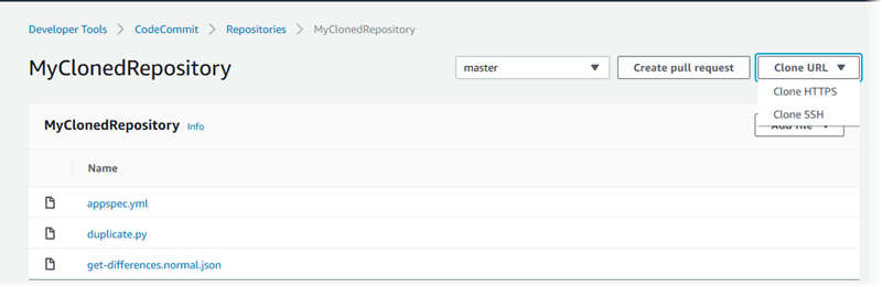 Tampilan repositori kloning di CodeCommit