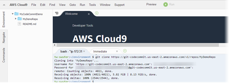 Mengkloning repositori di. AWS Cloud9