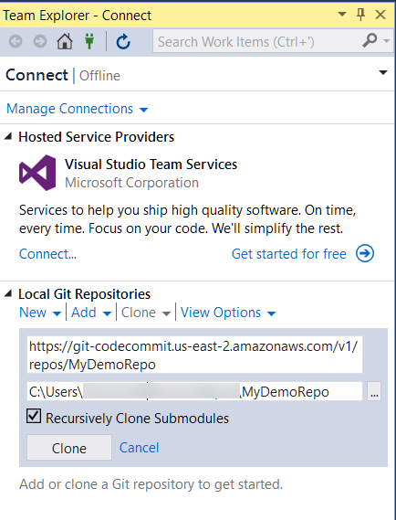 Mengkloning repositori di Visual Studio.