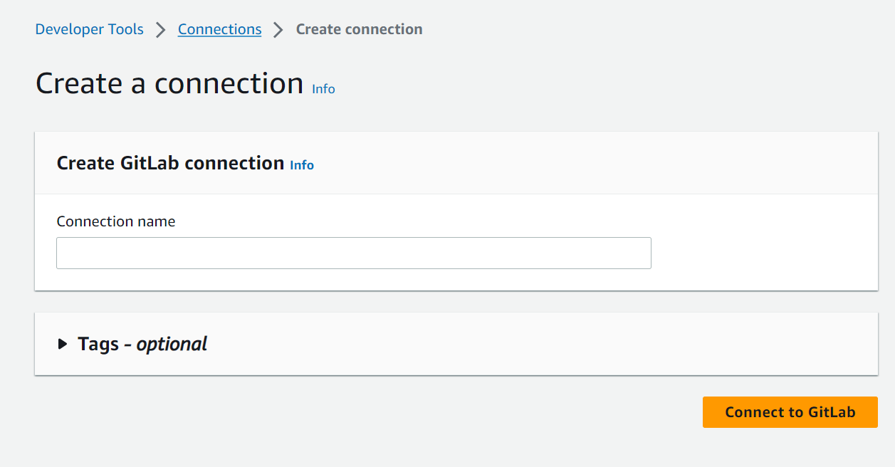 Tangkapan layar konsol yang menampilkan opsi koneksi yang dipilih untuk GitLab.