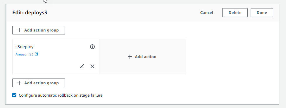 Contoh layar edit untuk mengonfigurasi tahap mundur yang digulung CodePipeline.