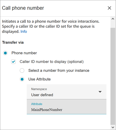 Halaman properti dari blok nomor telepon Panggilan. Opsi Use Attribute dipilih, Namespace diatur ke User-defined.