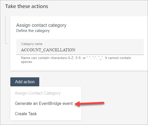 Halaman aturan baru, bagian ambil tindakan ini, daftar dropdown add action, dan Generate an EventBridge event action.