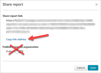 Kotak dialog Bagikan laporan, tautan Salin alamat tautan.