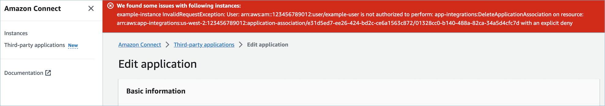 Kesalahan IAM saat mencoba menghapus aplikasi pihak ketiga karena izin yang tidak mencukupi