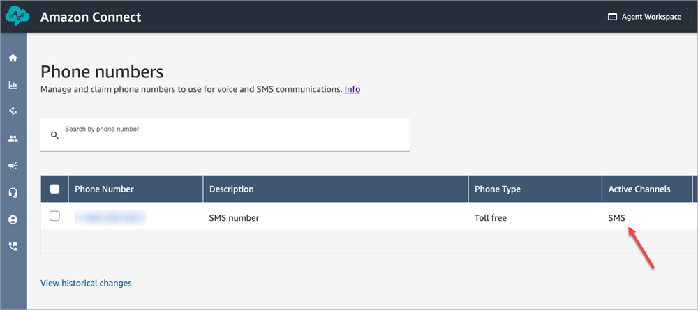 Situs web Amazon Connect admin, halaman nomor Telepon.