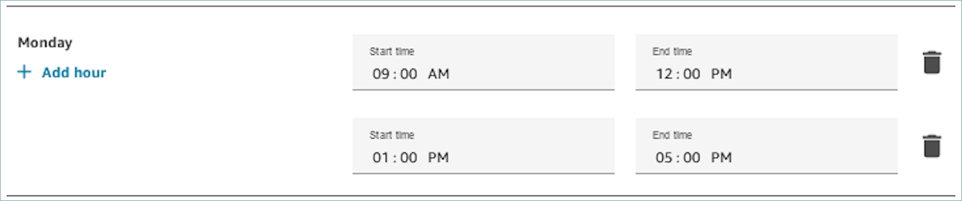 Schedule showing two time blocks on Monday: 9:00 AM to 12:00 PM and 1:00 PM to 5:00 PM.