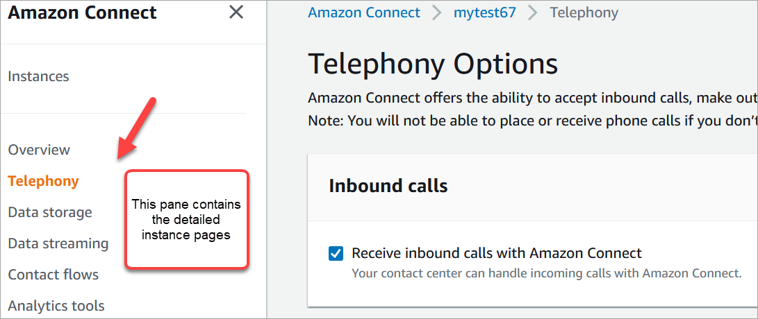 Menu navigasi di halaman instans Amazon Connect.