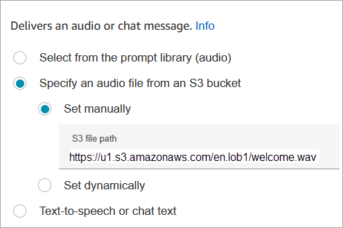 Halaman properti dari blok prompt Play, jalur file S3 ditentukan secara manual.