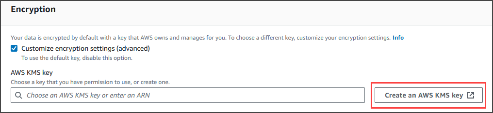 Tombol Create an AWS KMS key.